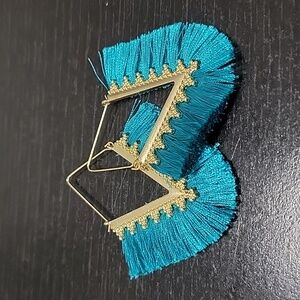 Teal fringe and gold earrings
